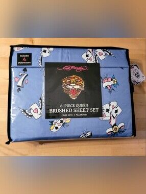 Ed Hardy 6-Piece Queen Brushed Sheet Set - Blue Playing Card Print